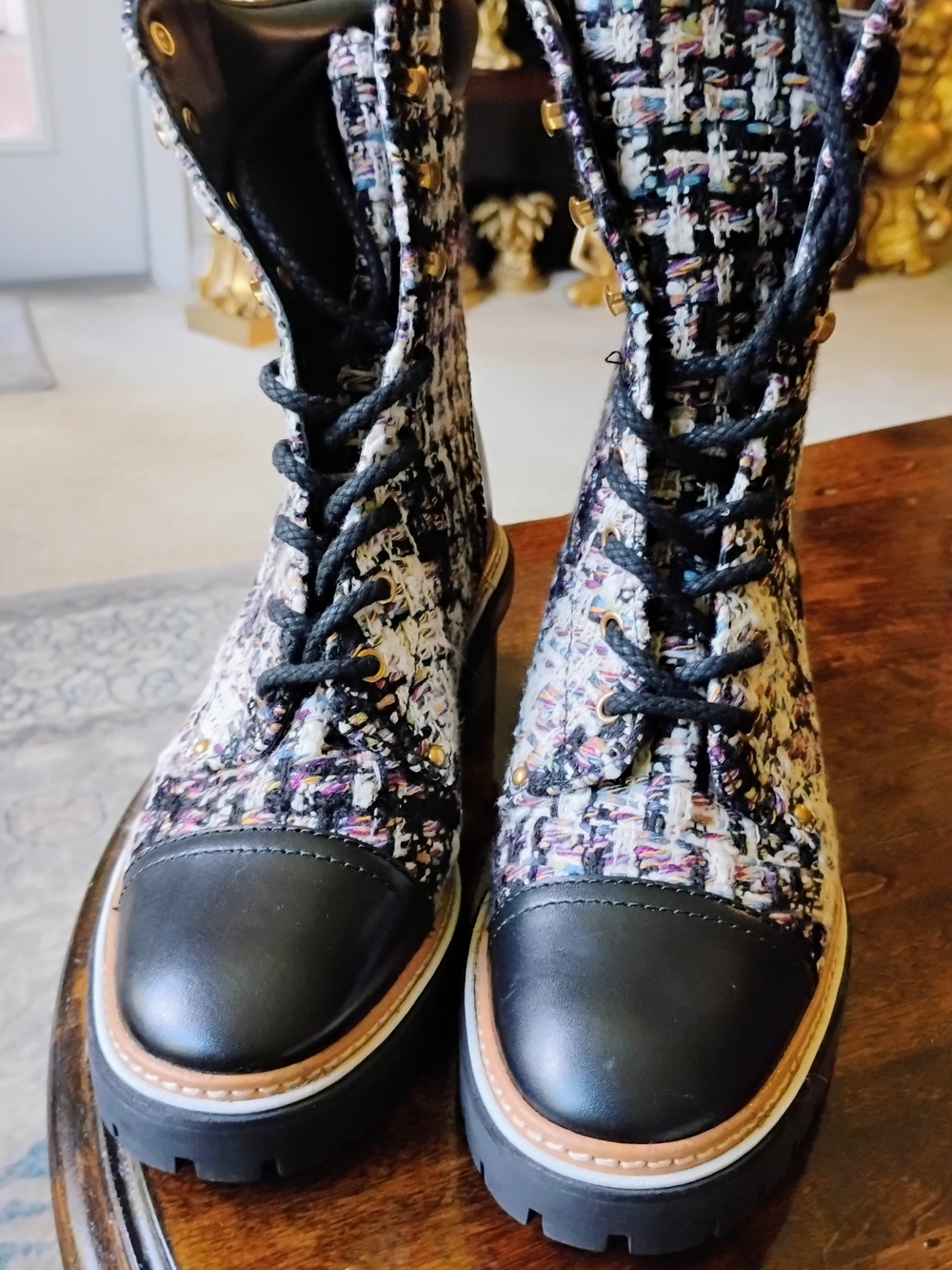 Tory Burch Tweed Miller Lug Boots, Size 8.